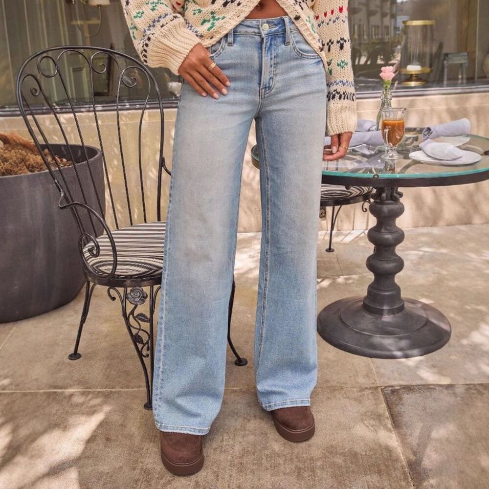 YESFASHION Women's High Waist Vintage Washed Wide Leg Denim Jeans - Light Blue
